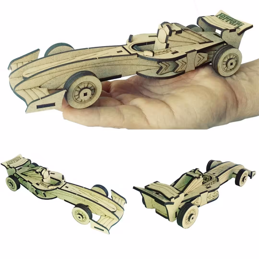 پازل چوبی فکری سه بعدی مناسب هدیه بهکات طرح ماشین مسابقه فرمول یک
