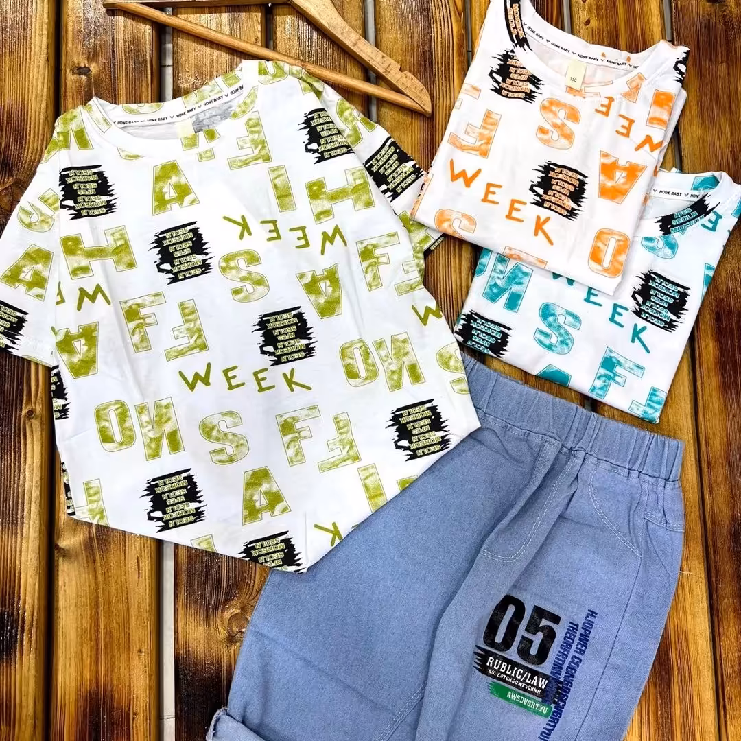 تیشرت شلوارک حروف .وارداتی.جنس تیشرت پنبه کیفیت عالی.جنس شلوارک جین اورجینال.مناسب سن 4تا10 سال