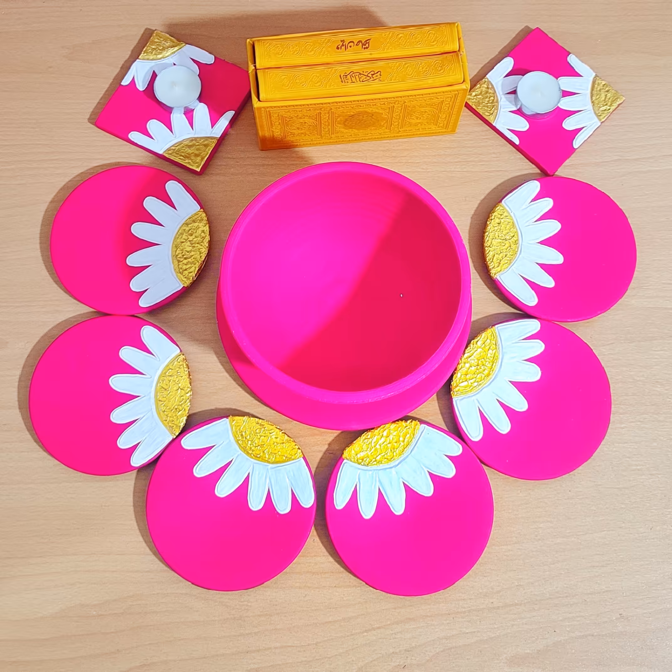 هفتسین برجسته گل بابونه و پرنده ست 12 تکه صورتی