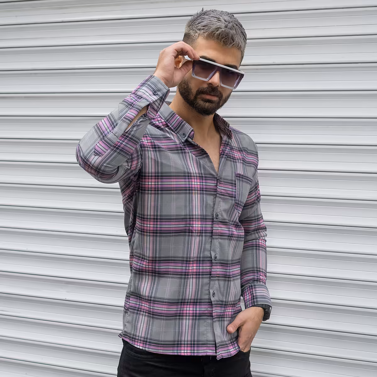 پیراهن مردانه طوسی صورتی مدل ahora