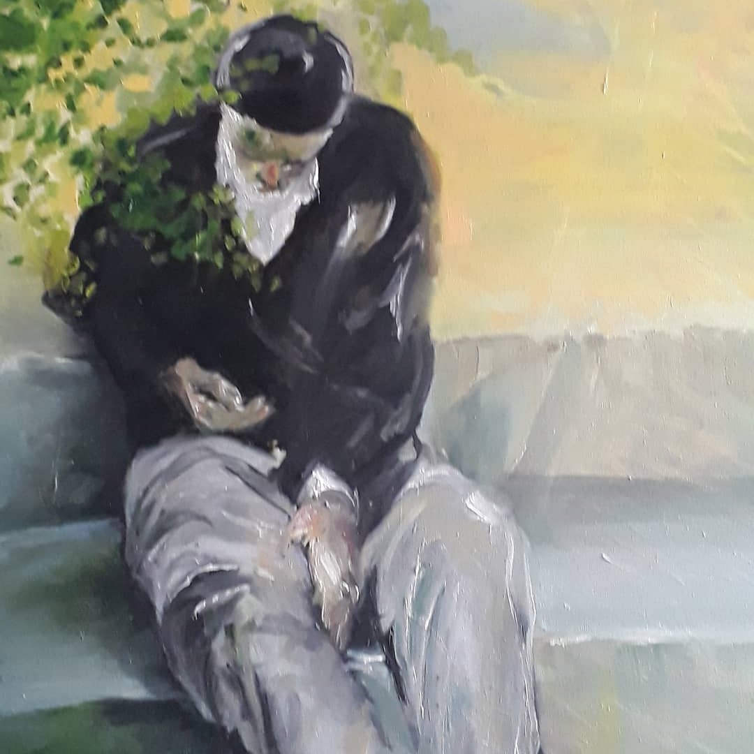 تابلو نقاشی رنگ روغن پیر مرد تنها سایز 50 در 70