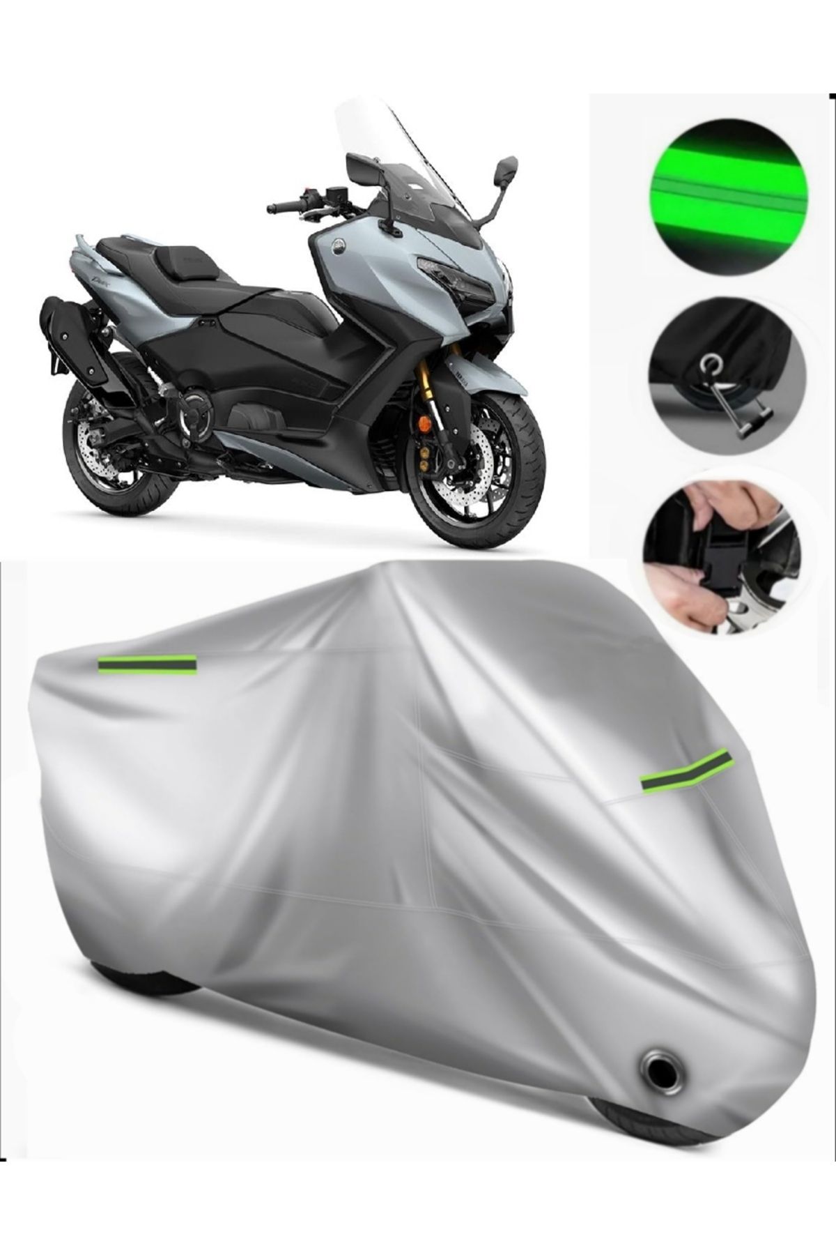 چادر موتورسیکلت خاکستری YAMAHA 2025 TMAX TECH MAX سازگار با برزنت موتور سیکلت قفل GRI MotoEn