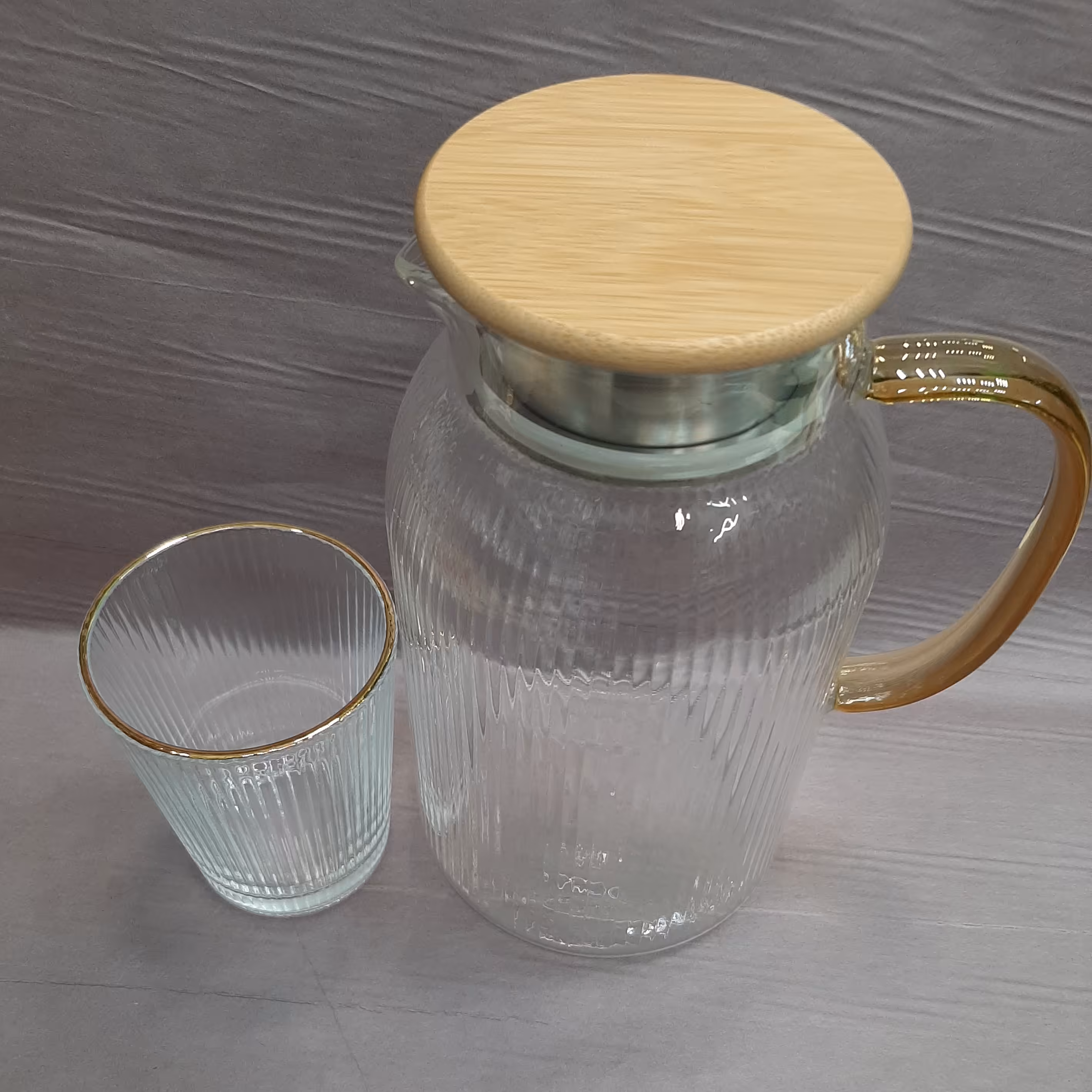 پارچ و لیوان پیرکس شیار دار درب بامبو 