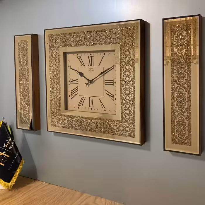 ساعت دیواری آینه ای سه تیکه  اسیدشویی گوشواره دار  تولیکا  کد 6539