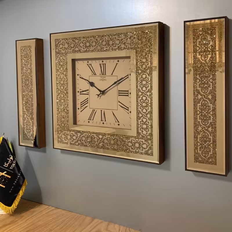 ساعت دیواری آینه ای سه تیکه  اسیدشویی گوشواره دار  تولیکا  کد 6539
