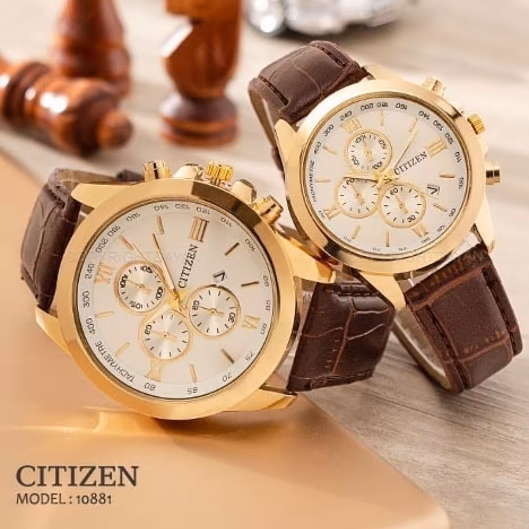 ساعت ست سیتیزن بندچرمی قهوه ای صفحه  سفید به همراه 12 ماه گارانتی 