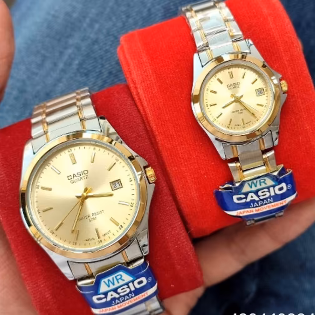 ساعت ست کاسیو بند دو رنگ صفحه طلایی 