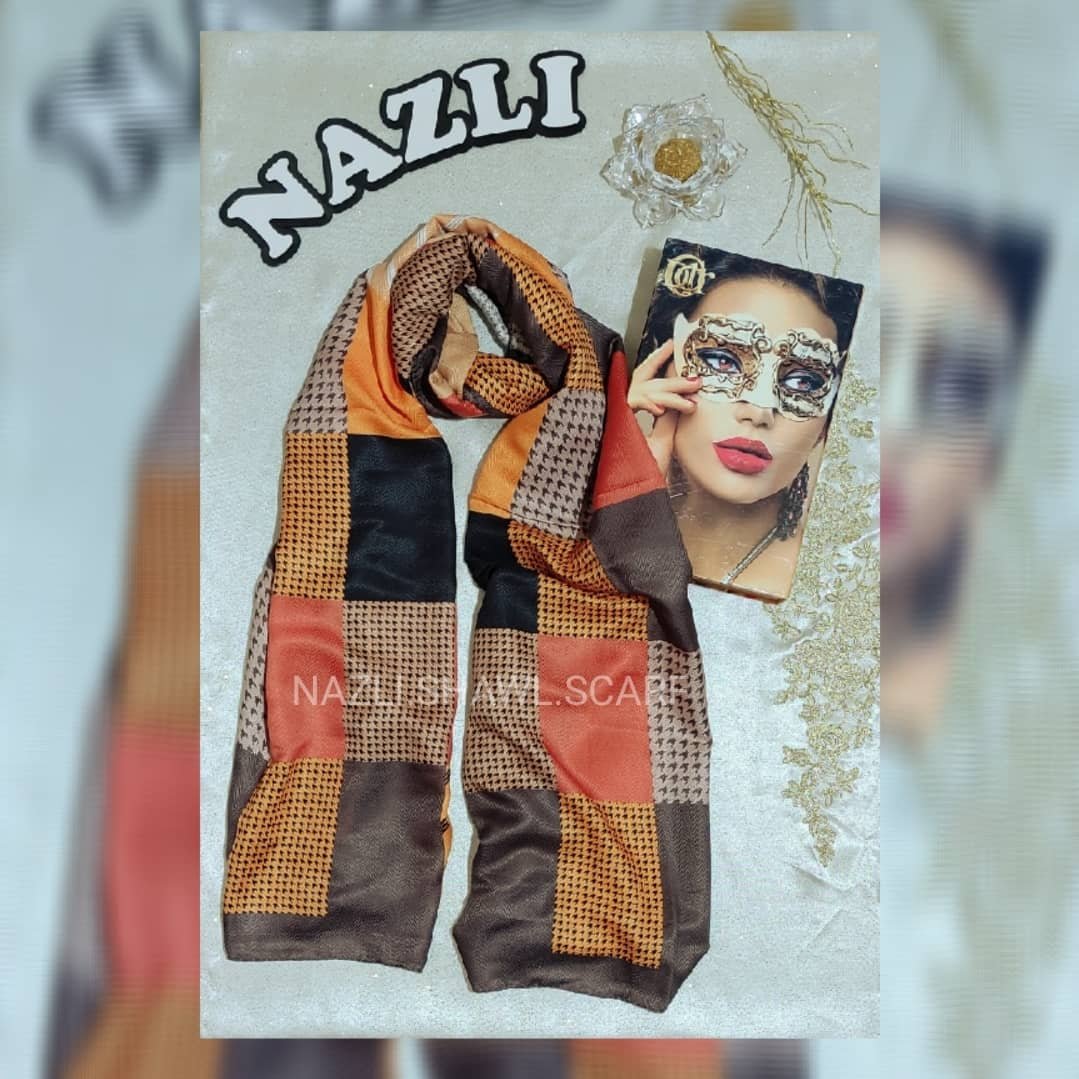 شال پاییزه خردلی قهوه ای کرم نخ جناغی قواره195در60
