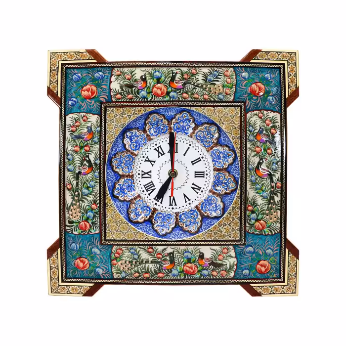 ساعت چهارگوش خاتم کاری مدل گل و مرغ سبز برجسته (18)(گارانتی 120 ماهه)