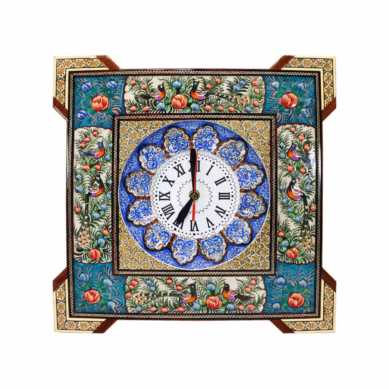 ساعت چهارگوش خاتم کاری مدل گل و مرغ سبز برجسته (18)(گارانتی 120 ماهه)