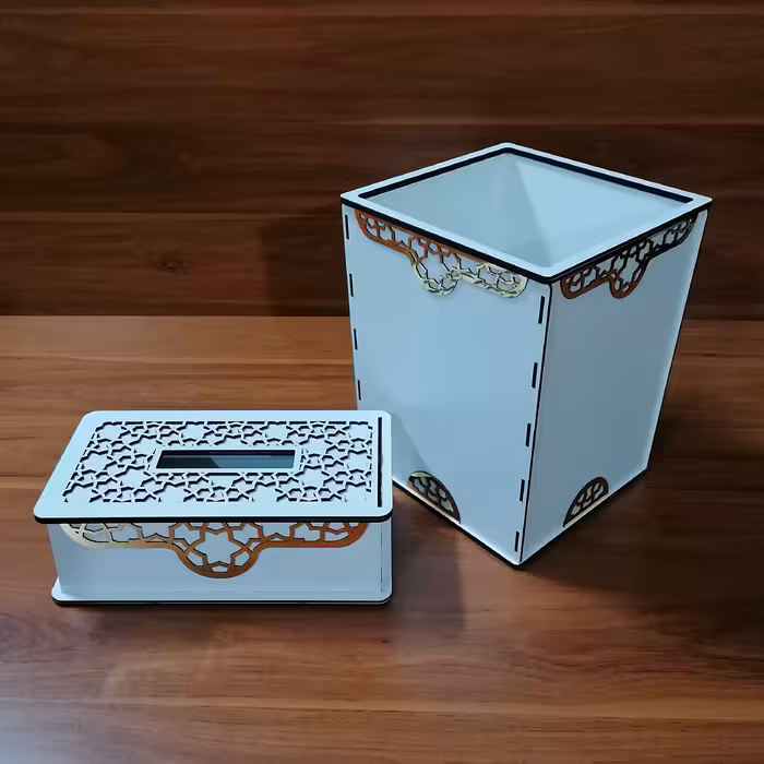 ست سطل زباله و جعبه دستمال کاغذی چوبی طرح عروس