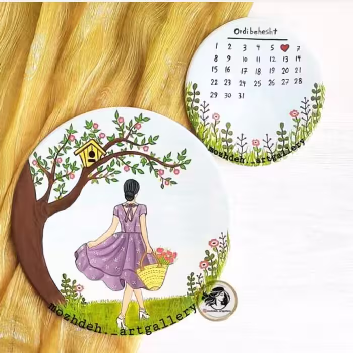 ست دو تیکه دیوار کوب سفالی هدیه روز تولد سایز 20 در 20 و 15 در 15 رنگ آکریلیک و گواش 