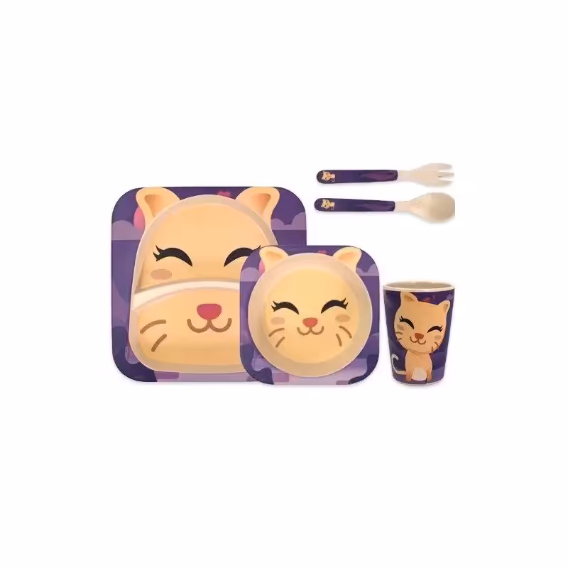 ظرف غذای کودک بامبو فایبر(سرویس غذاخوری)ست 5 تکه طرح  گربه کد Gw30101063