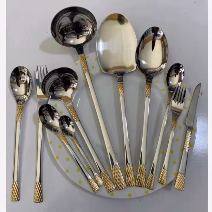 سرویس قاشق و چنگال نیمه طلایی یونیک دهانه اروپایی استیل نگیر (آناناسی)با ضمانت