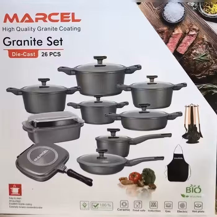 سرویس قابلمه 26 پارچه گرانیتی کف اینداکشن برند مارسل رنگ نقره ای