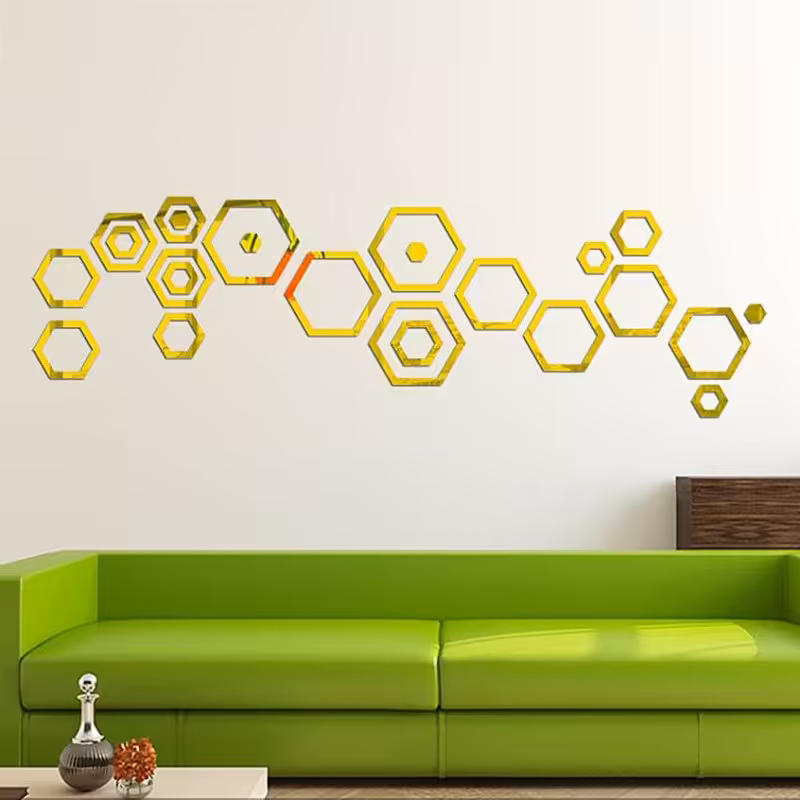 آینه دکوراتیو مولتی استایل، طرح 6ضلعی، بسته 24 قطعه، در دو رنگ طلایی و نقره ای