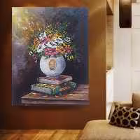 نقاشی رنگ روغن گل و گلدان روی کتاب اندازه  40در 30 