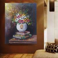 نقاشی رنگ روغن گل و گلدان روی کتاب اندازه  40در 30 