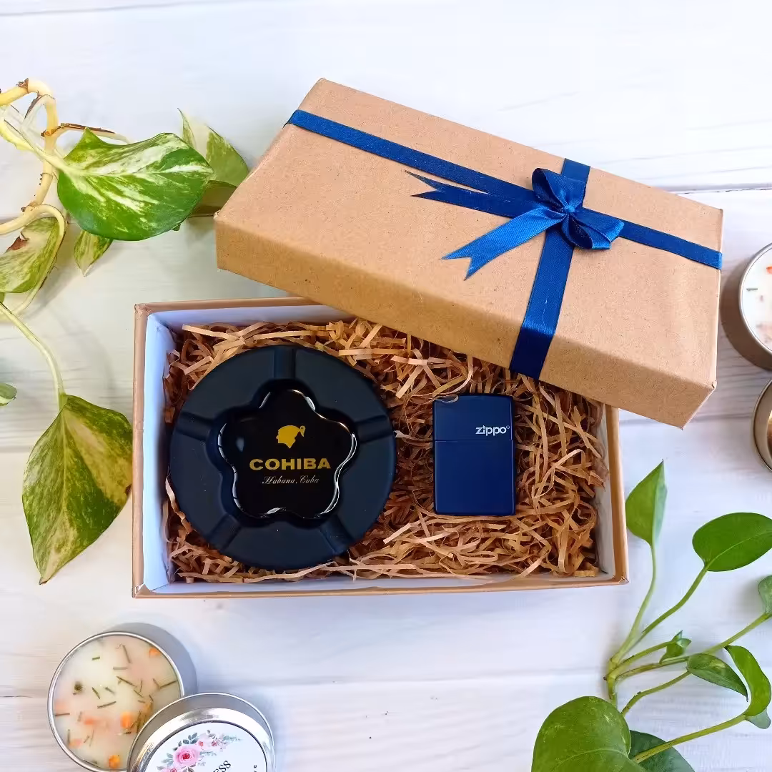 باکس هدیه مردانه فندک و زیرسیگاری آبی