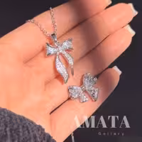 ست انگشتر و‌ گردنبند جواهری پاپیون سفید