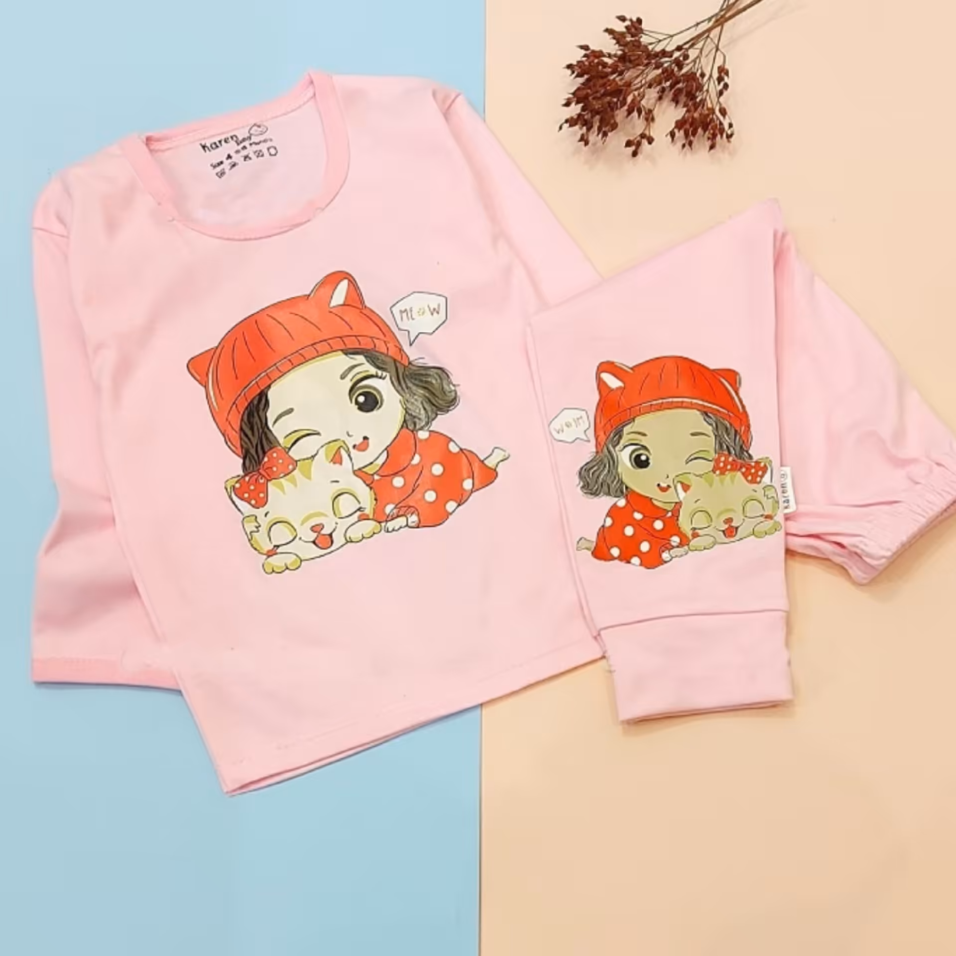 بلوزشلوار  نوزادی بچگانه دخترانه نخ پنبه طرح دختروگربه سایز456مناسب 12تا30ماهگی