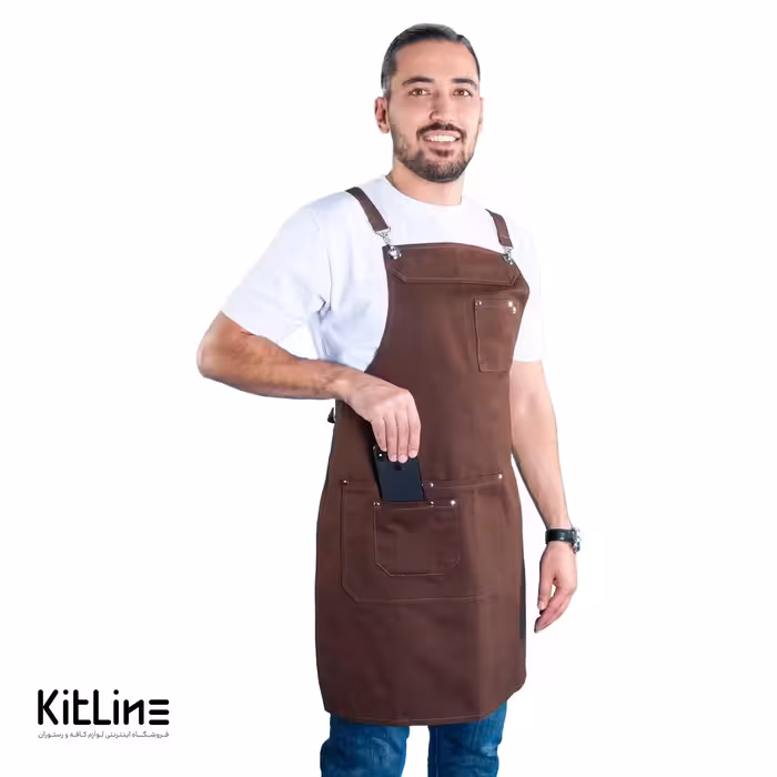 پیشبند کتان کجراه 4 جیب قهوه‌ای کیوان