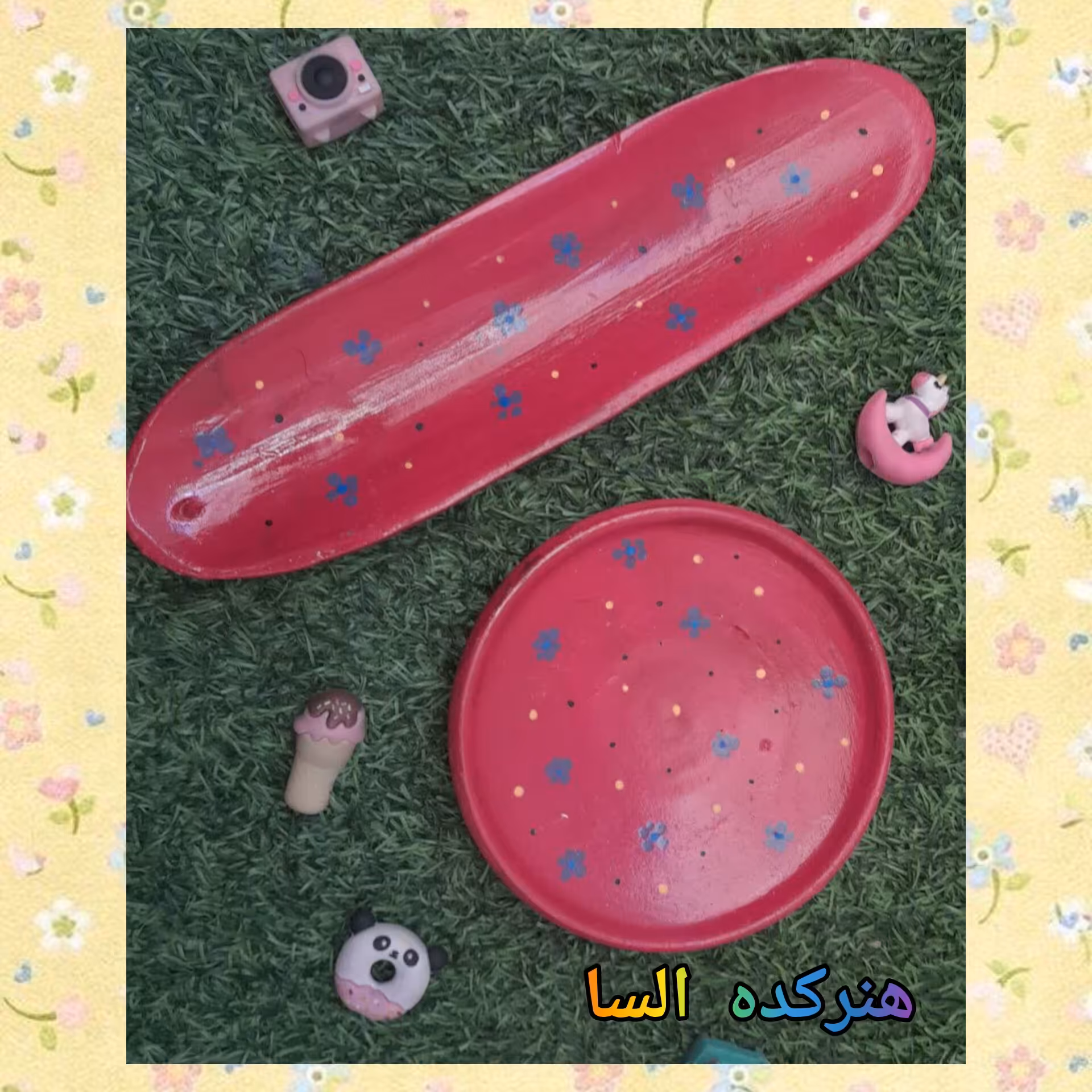 ست جاعودی و زیر لیوانی یا بشقاب کوچک قرمز دستساز