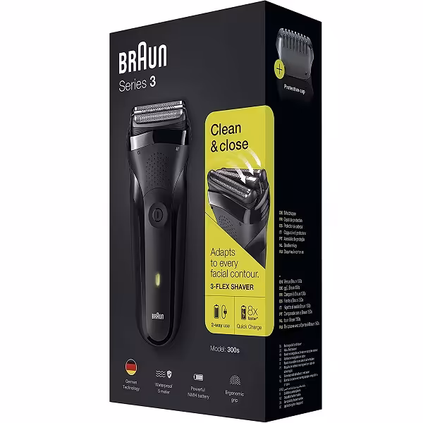 ریش تراش سری 3 براون Braun مدل 3300 | ضد آب، سه تیغ انعطاف پذیر، شارژ سیمی و باتری