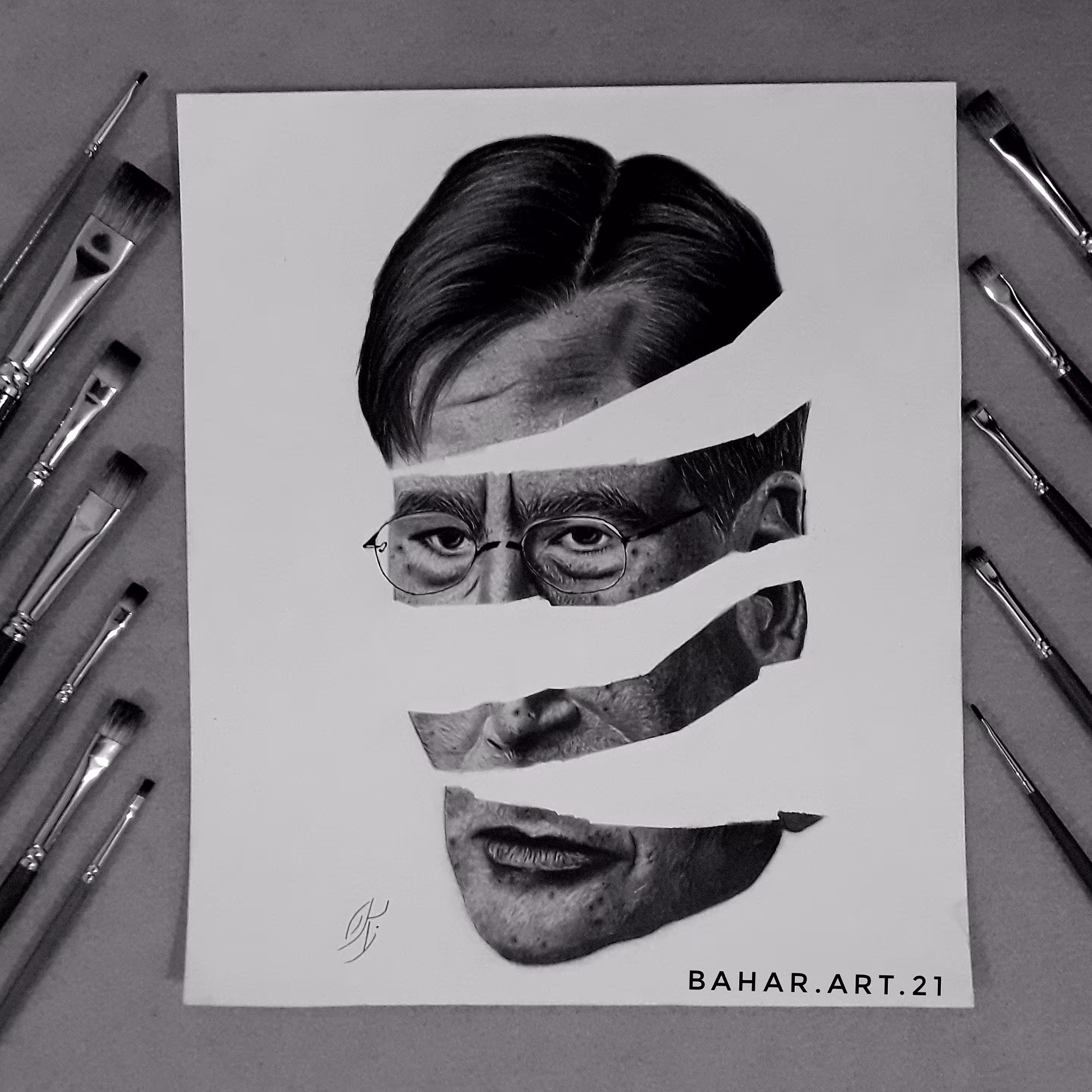 تابلوی سیاهقلم .سیاه قلم.پرتره سیاهقلم شکسته. سایز a4.تابلو سیاهقلم دکوراتیو. 