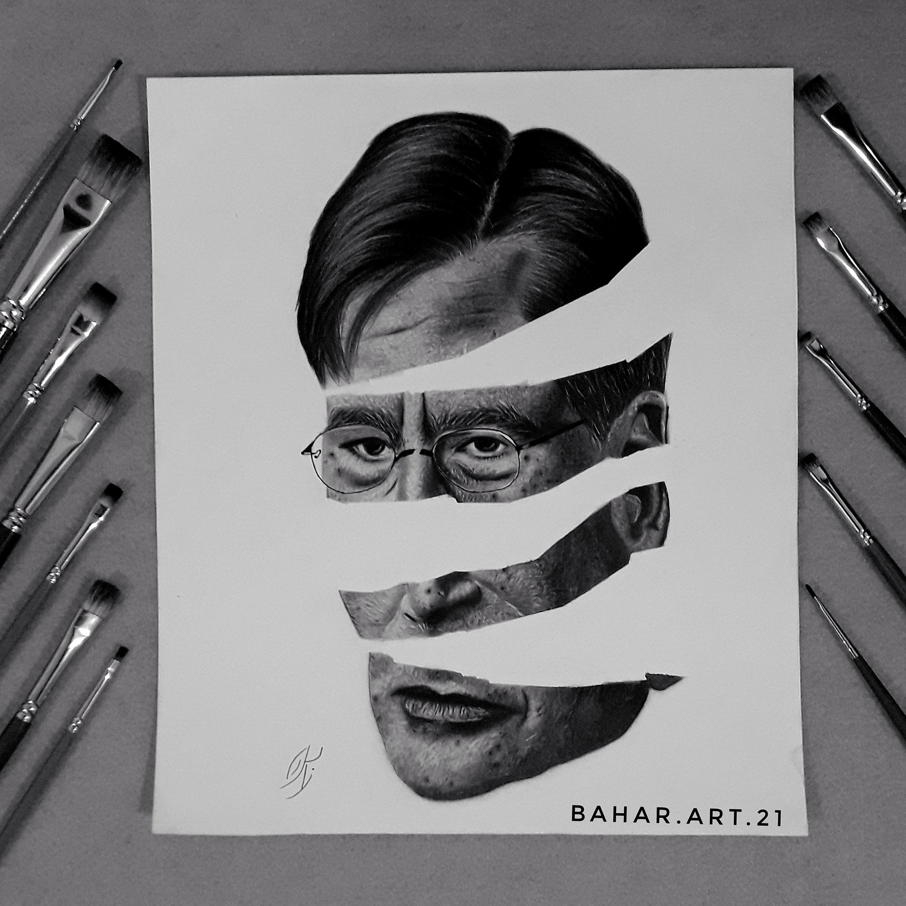 تابلوی سیاهقلم .سیاه قلم.پرتره سیاهقلم شکسته. سایز a4.تابلو سیاهقلم دکوراتیو. 