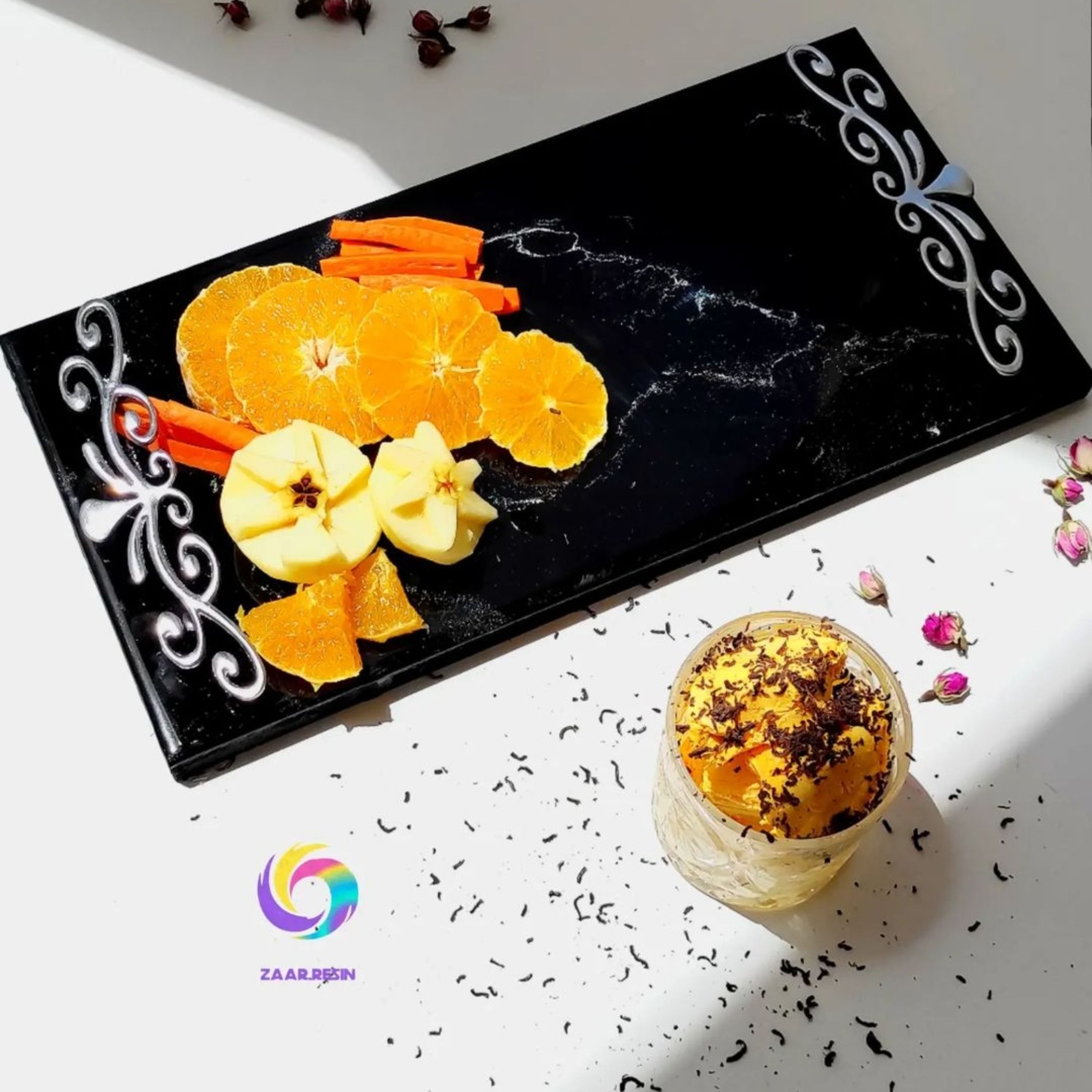 سینی پذیرایی رزین و چوب مشکی و شیک طرح مرمر