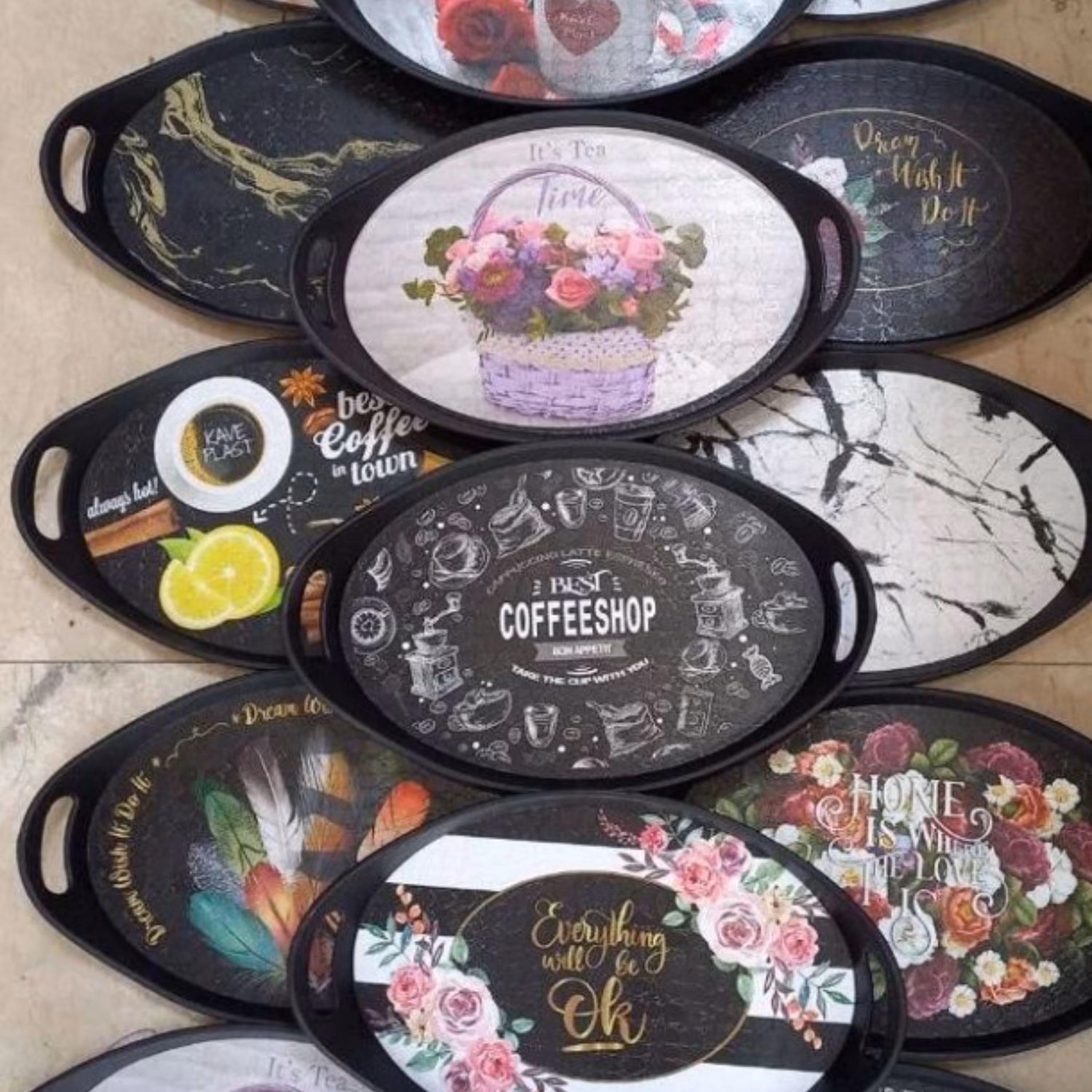 پک 5تایی سینی نشکن آشپزخانه -نشکن -مدل دسته دار -سینی بیضی طرح ترک -سایز 21 در34