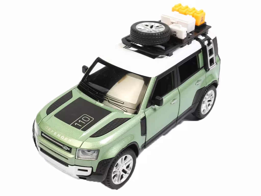 ماشین فلزی عقب کش، موزیکال و چراغدار اسباب بازی طرح رنجروور دیفندر با 6 درب بازشو و قابلیت جدا شدن وسایل