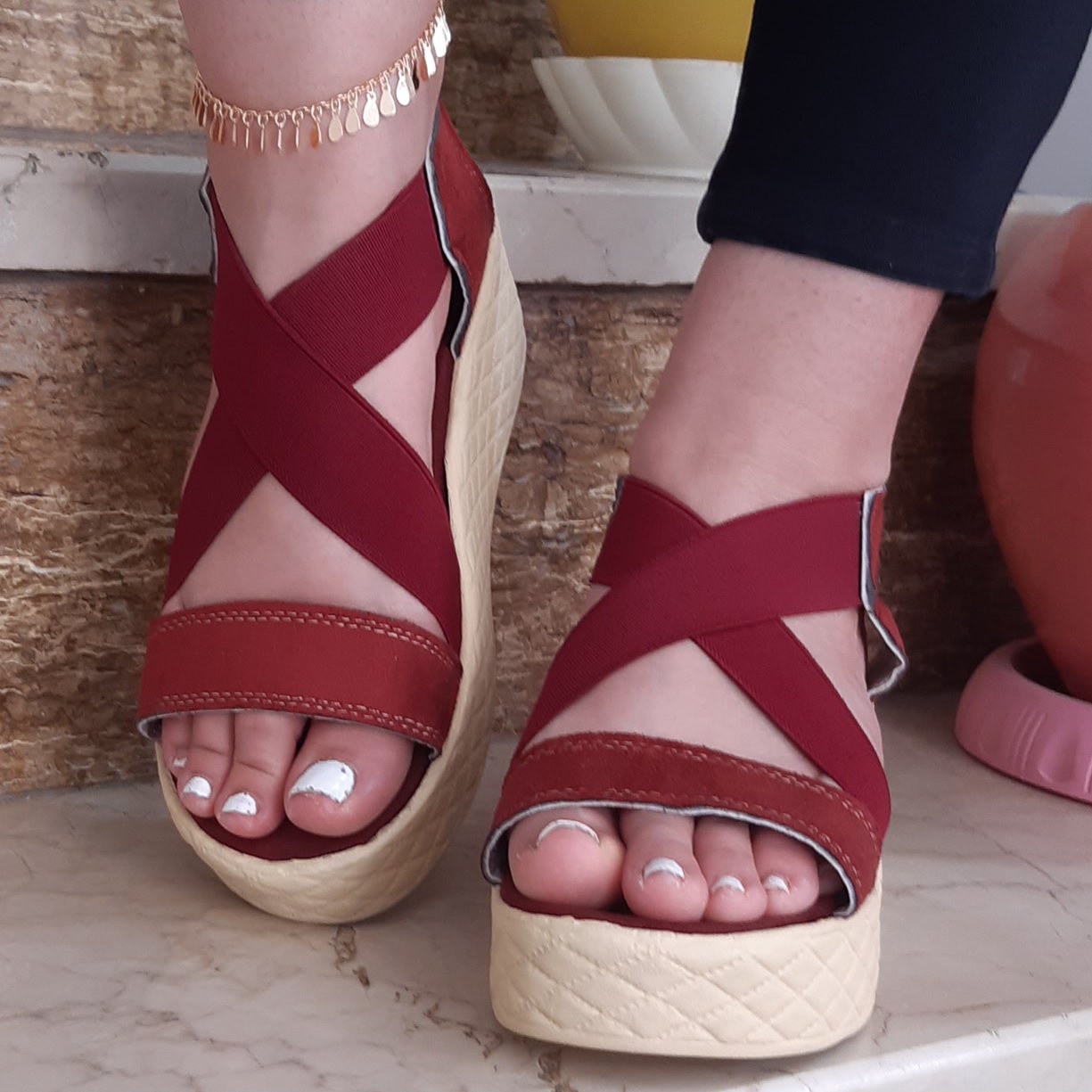 کفش زنانه صندل لنا لژدار زرشکی
