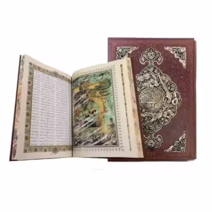 کتاب نفیس شاهنامه چرمی قطع رحلی همراه با قاب کشویی طرح چرم و مس