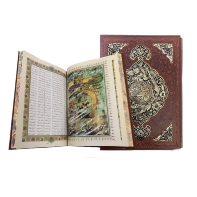 کتاب نفیس شاهنامه چرمی قطع رحلی همراه با قاب کشویی طرح چرم و مس