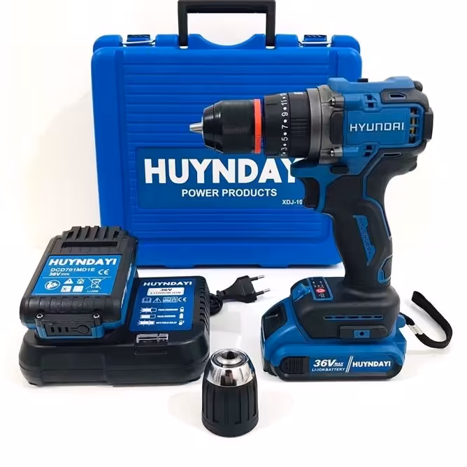 دریل شارژی 36 ولت هیوندای موتور براشلس با سه نظام یدک