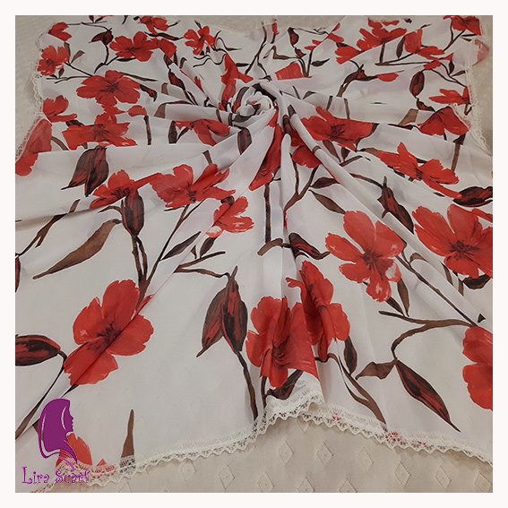 روسری حریر گلدار با حاشیه دوزی قواره 120