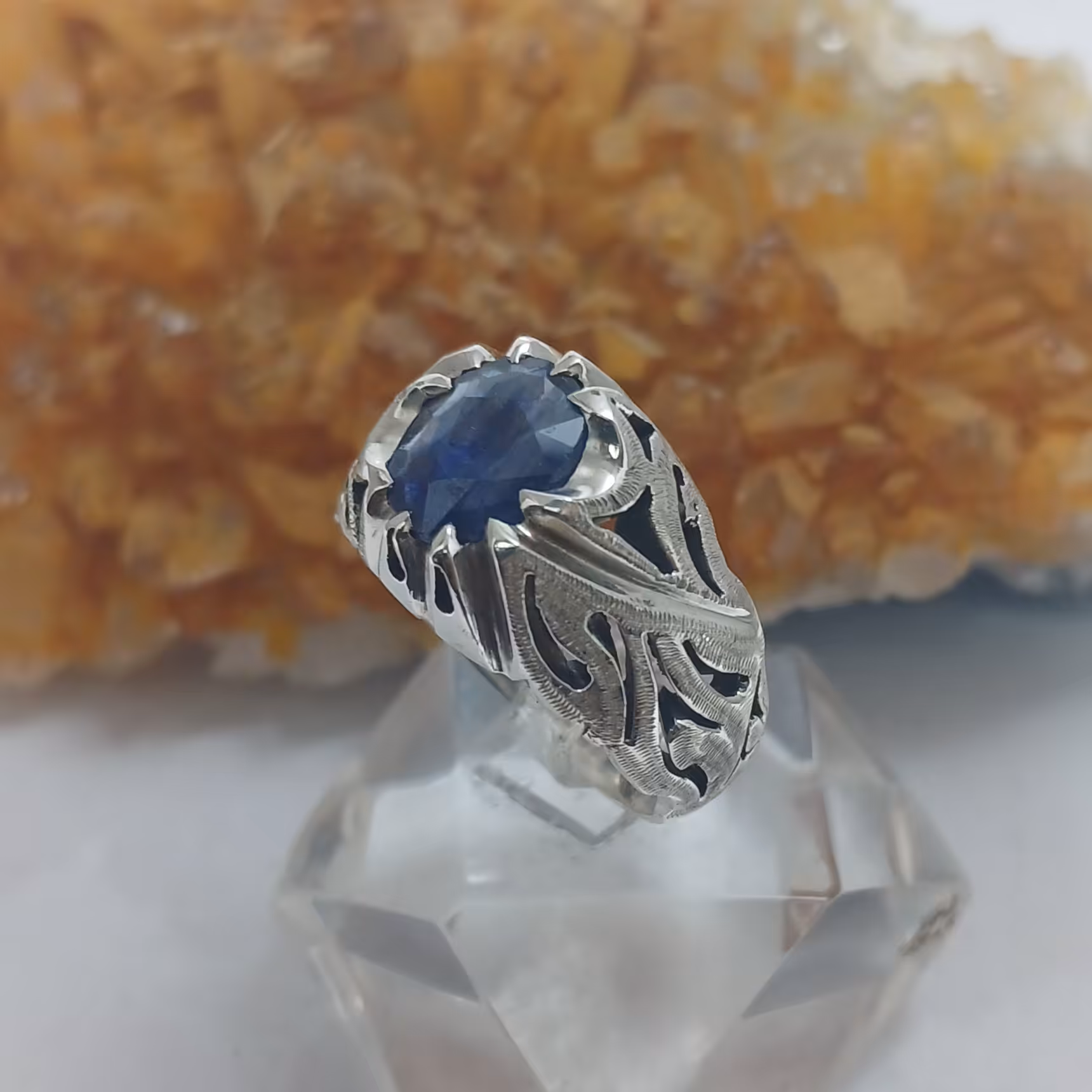 انگشتر نقره مردانه دست ساز نگین یاقوت کبود کد 905824