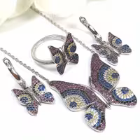 نیم ست نقره پروانه نگین رنگی جواهری ارسال رایگان