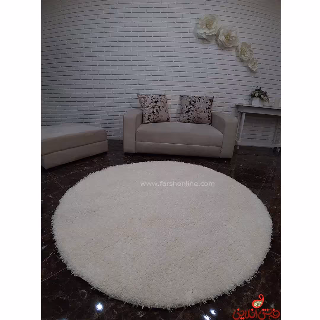 فرش گرد شگی نخ فلوکاتی ترک سفید