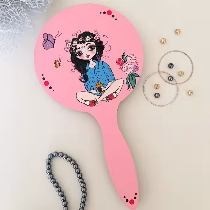 آینه دستی چوبی طرح دختر فانتزی 