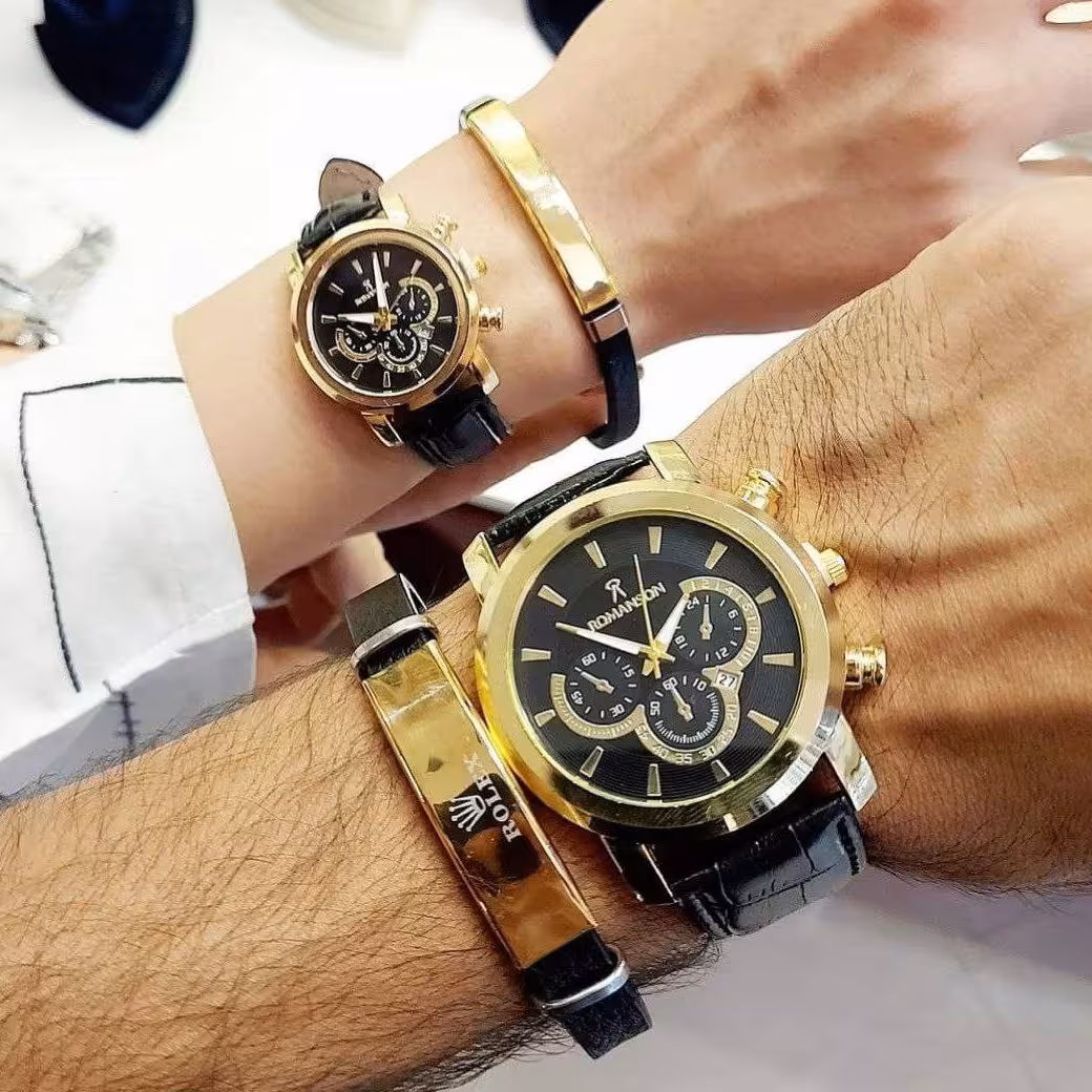 ست ساعت و دستبند چرم زنونه مردونه بهمراه رینگ استیل و جعبه کادویی 