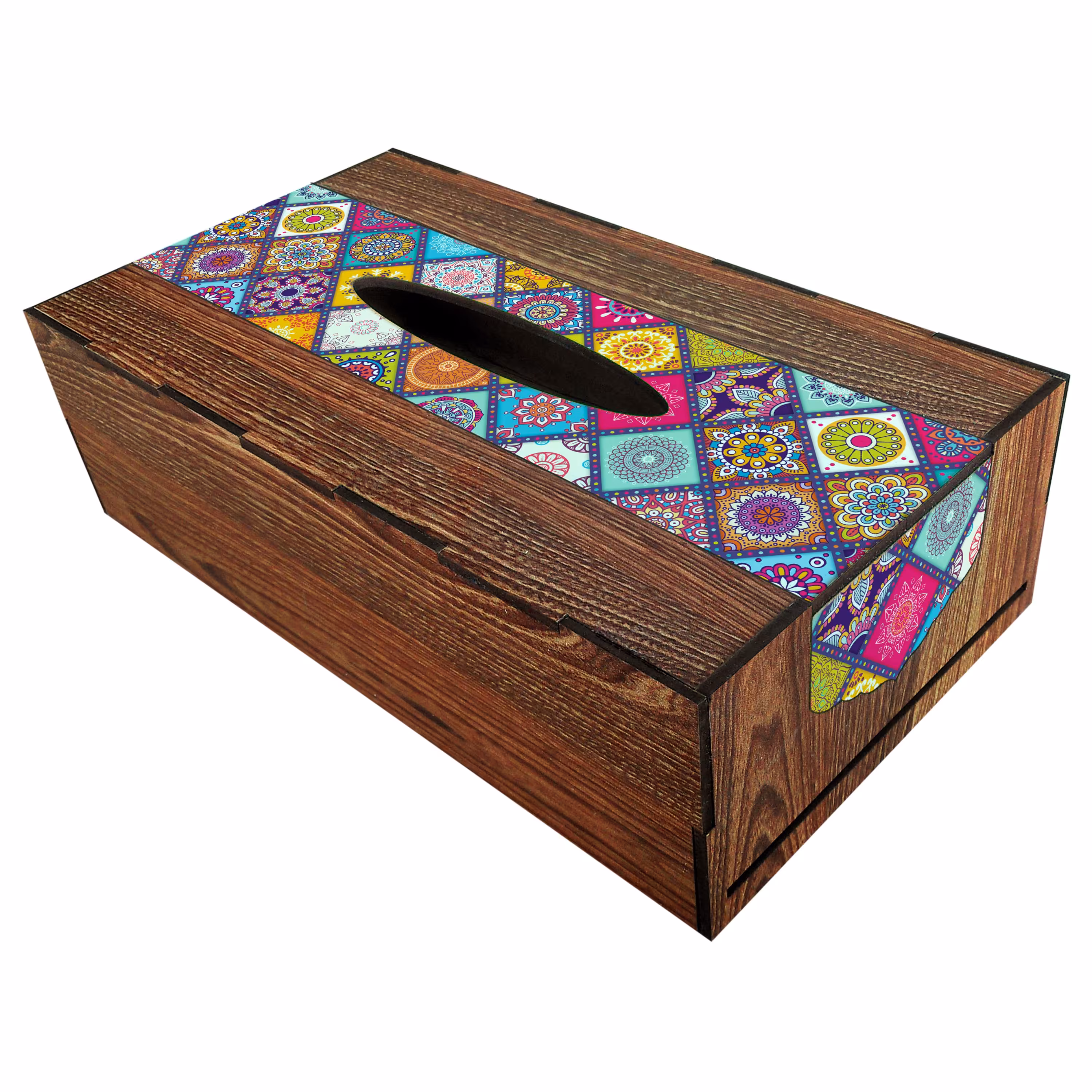 جعبه دستمال کاغذی چوبی طرح دار مدل TB156 با بدنه طرح چوب قهوه ای تیره