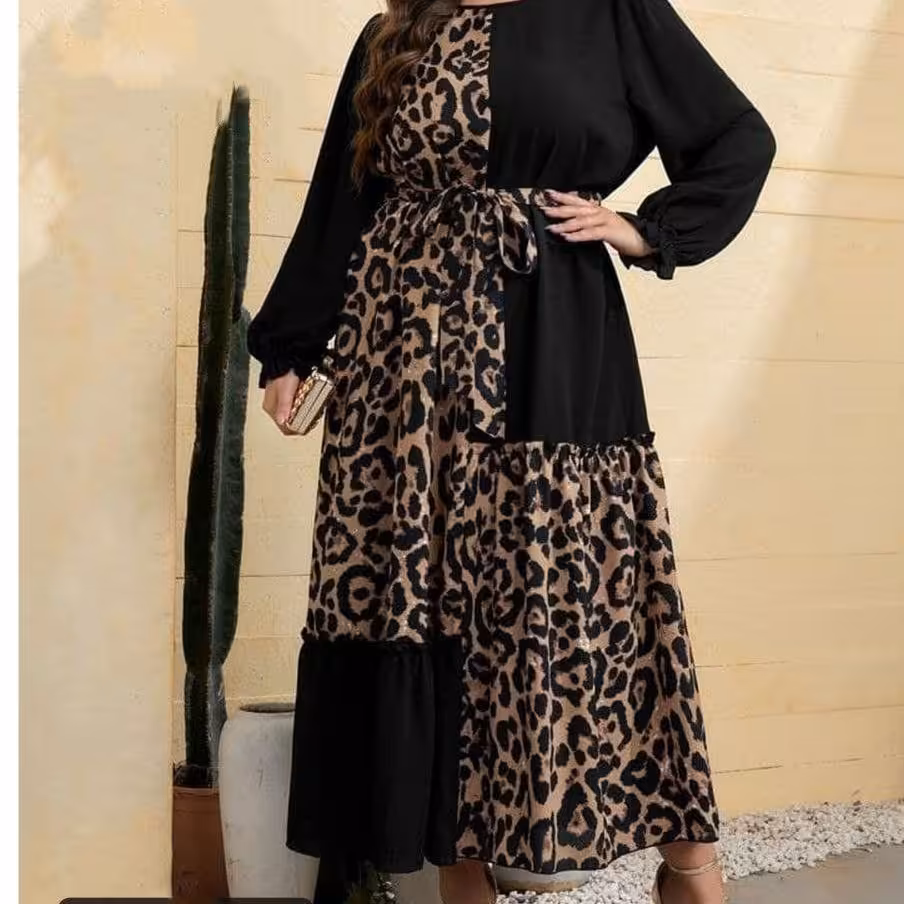 پیراهن مجلسی پلنگی روشا (فری سایز 44 تا 50 ) ( سایز بزرگ ) _ لباس مجلسی پلنگی سایز بزرگ _ ماکسی مجلسی