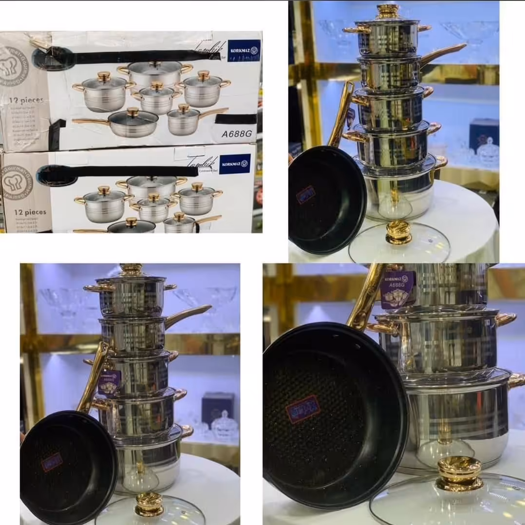سرویس قابلمه استیل کرکماز سرویس تابه قابلمه 12پارچه استیل حک شده اصلی وارداتی استیل نگیر  
