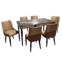 میز و صندلی ناهار خوری 6 نفره چوبی پیکاسو کرم نسکافه ای  پشت صندلی لمسه میز طرح دار آینه ای 155*90*77 برند صنعت چوب کارم