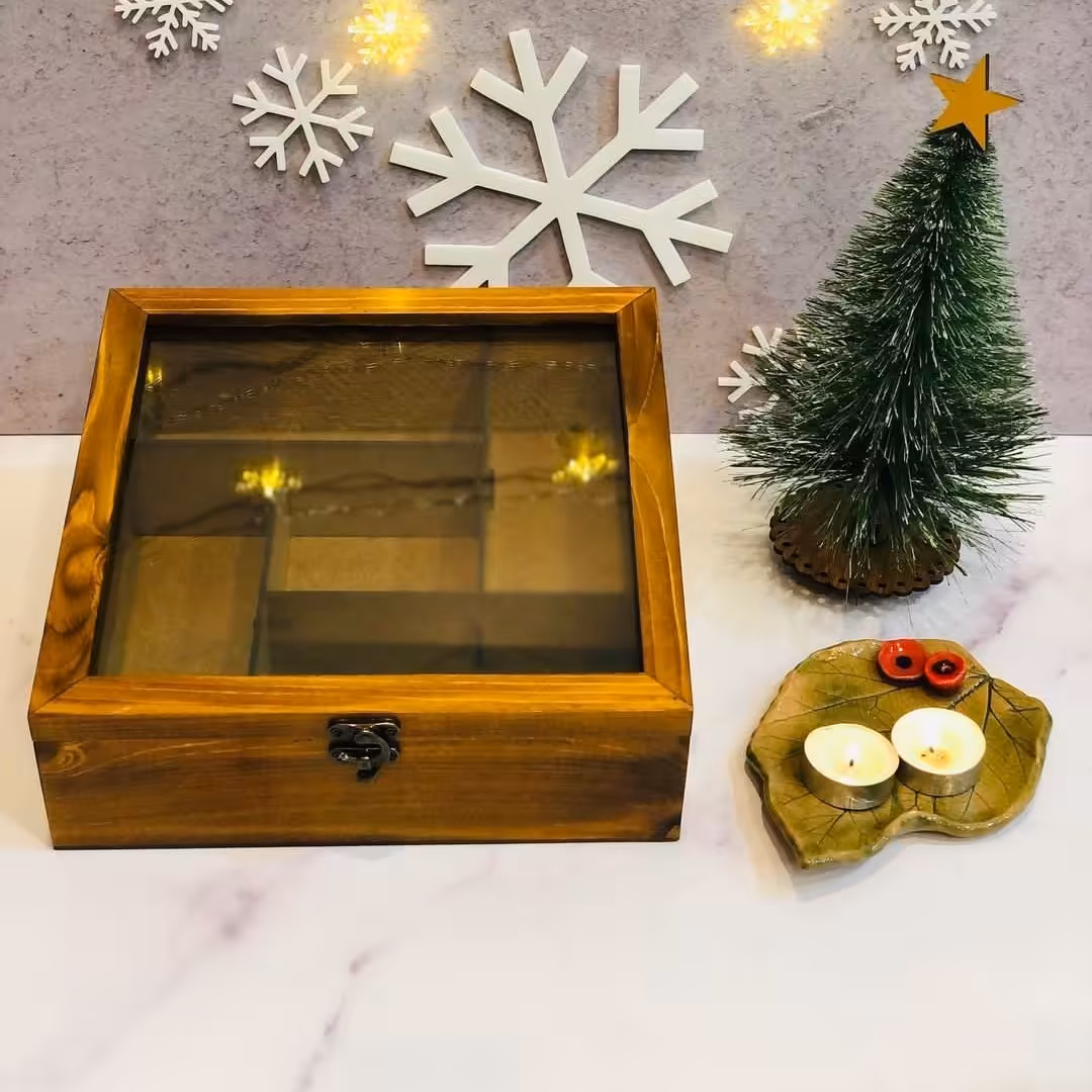 باکس چوبی  تی بگ  در شیشه ای در سایز بندی  