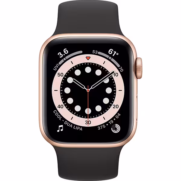 سری 6 آلومینیوم 40 میلیمتری زنانه قاب طلایی با بند سولو لوپ مشکی - Hiapple.ir