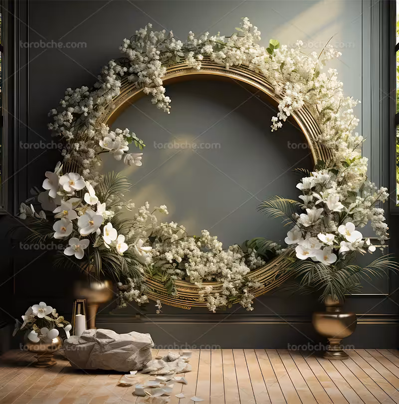 بک دراپ عکاسی حلقه گل و شکوفه های سفید | گرافیک با طعم تربچه